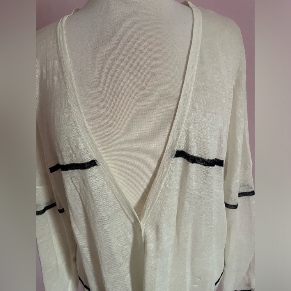 White Sheer Cardigan Sweater with Black Stripes - Picture 3 of 10